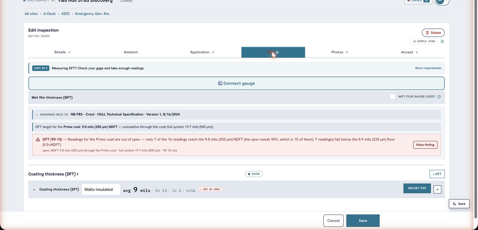 LogiInspect AI production screenshot — DFT readings flagged out of spec against the SSPC-PA 2 90-10 rule in real time