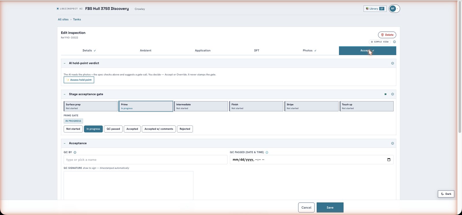 LogiInspect AI production screenshot — six-stage coating gates with QC acceptance and draw-to-sign signature