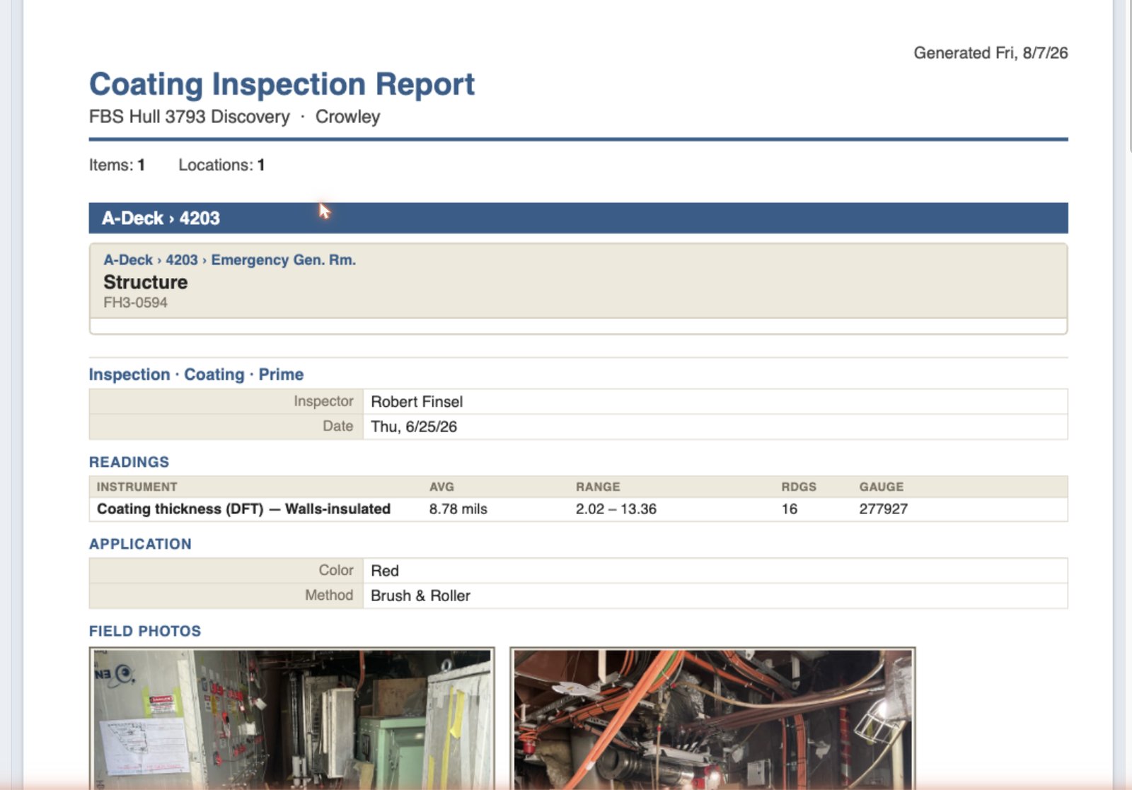 LogiInspect AI generated coating inspection report — DFT table with average, range, reading count and gauge serial